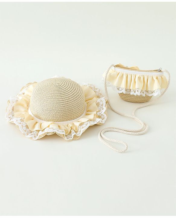 Babyhug Lace & Ribbon Bow Applique Straw Hats With Purse  Beige - Diameter 17.5 cm