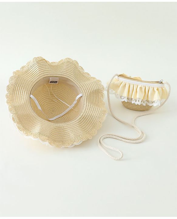 Babyhug Lace & Ribbon Bow Applique Straw Hats With Purse  Beige - Diameter 17.5 cm