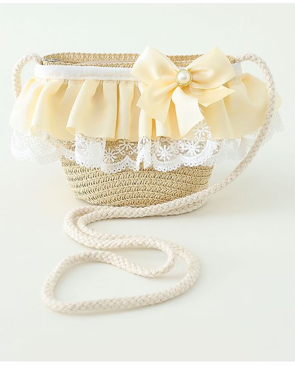 Babyhug Lace & Ribbon Bow Applique Straw Hats With Purse  Beige - Diameter 17.5 cm