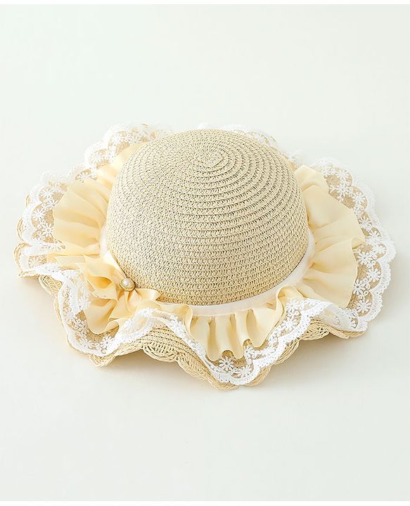 Babyhug Lace & Ribbon Bow Applique Straw Hats With Purse  Beige - Diameter 17.5 cm