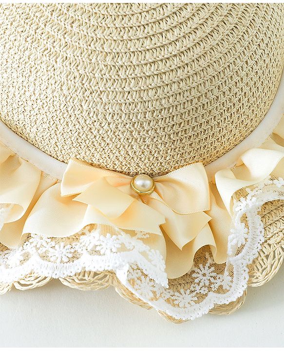 Babyhug Lace & Ribbon Bow Applique Straw Hats With Purse  Beige - Diameter 17.5 cm