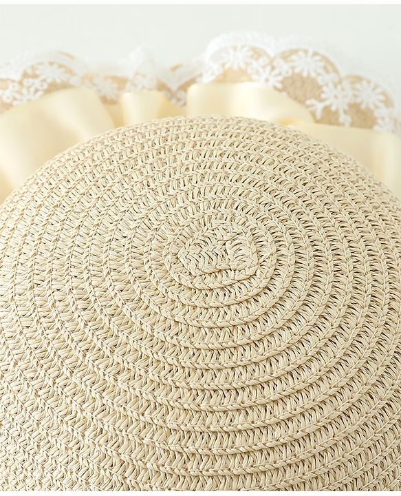 Babyhug Lace & Ribbon Bow Applique Straw Hats With Purse  Beige - Diameter 17.5 cm