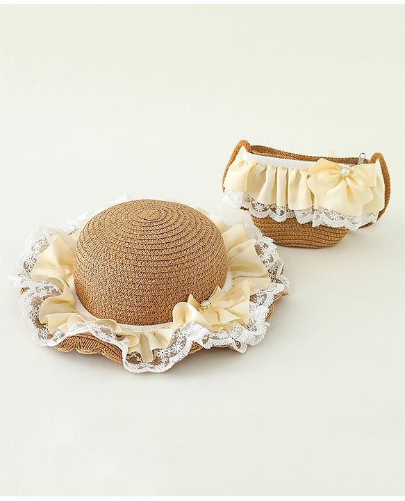 Babyhug Lace & Ribbon Bow Applique Straw Hats With Purse  Brown - Diameter 17.5 cm