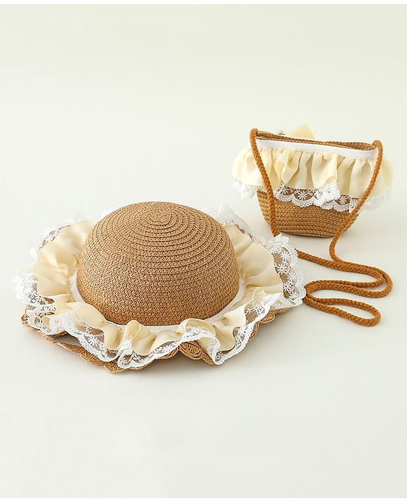 Babyhug Lace & Ribbon Bow Applique Straw Hats With Purse  Brown - Diameter 17.5 cm