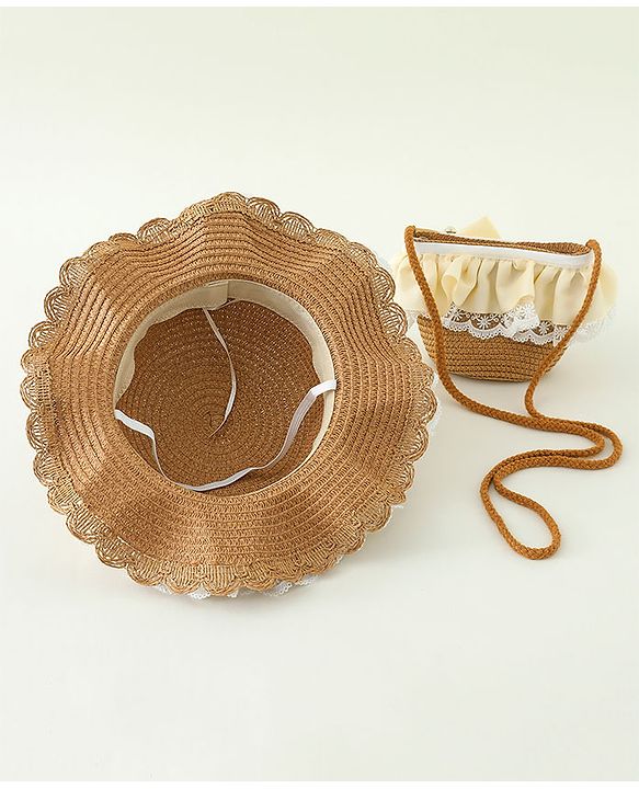 Babyhug Lace & Ribbon Bow Applique Straw Hats With Purse  Brown - Diameter 17.5 cm