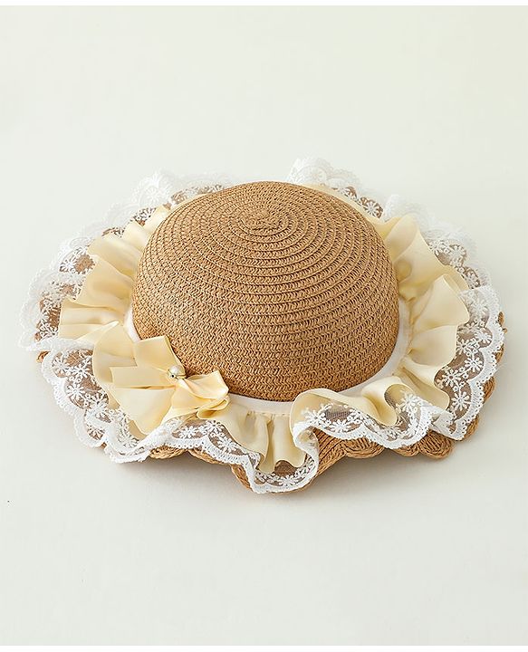 Babyhug Lace & Ribbon Bow Applique Straw Hats With Purse  Brown - Diameter 17.5 cm