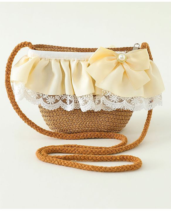 Babyhug Lace & Ribbon Bow Applique Straw Hats With Purse  Brown - Diameter 17.5 cm
