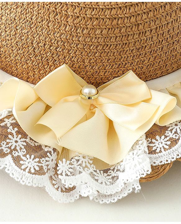 Babyhug Lace & Ribbon Bow Applique Straw Hats With Purse  Brown - Diameter 17.5 cm