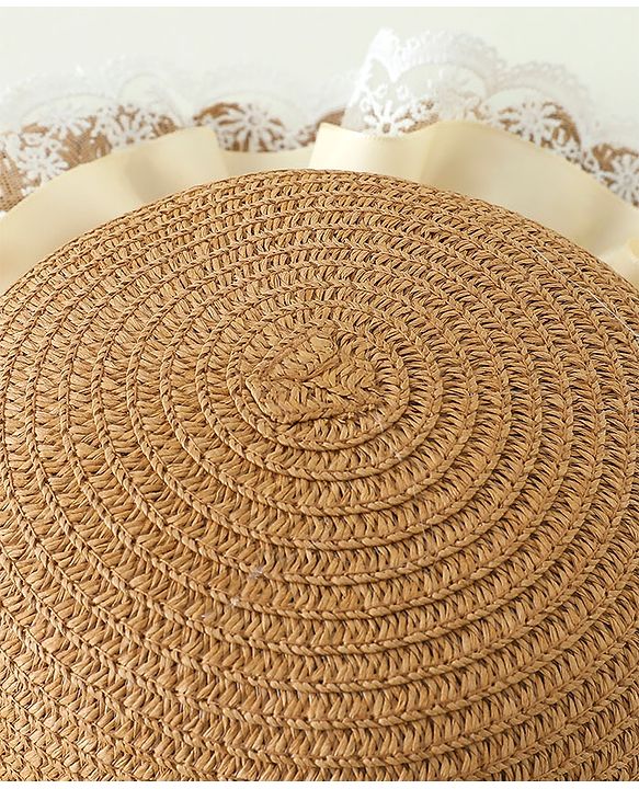 Babyhug Lace & Ribbon Bow Applique Straw Hats With Purse  Brown - Diameter 17.5 cm