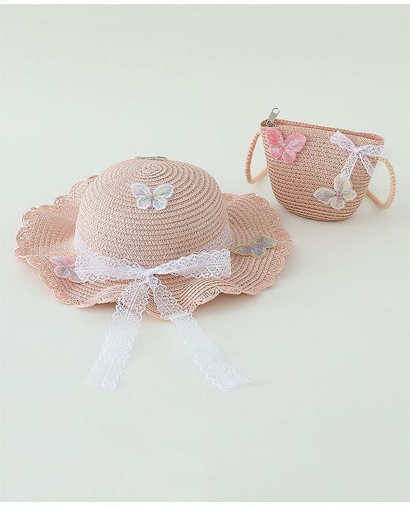 Babyhug Butterfly Applique Straw Hat With  Bow & Purse  Pink - Diameter 17.5 cm