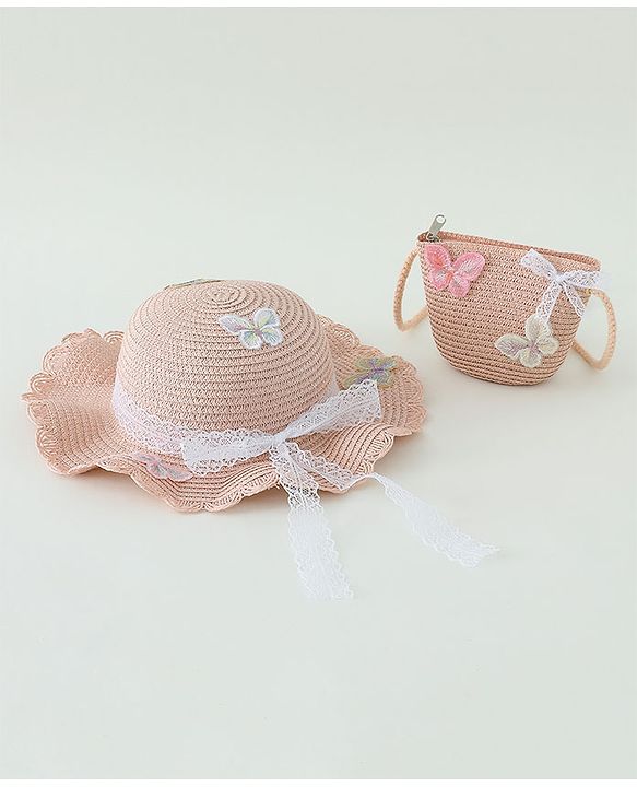 Babyhug Butterfly Applique Straw Hat With  Bow & Purse  Pink - Diameter 17.5 cm