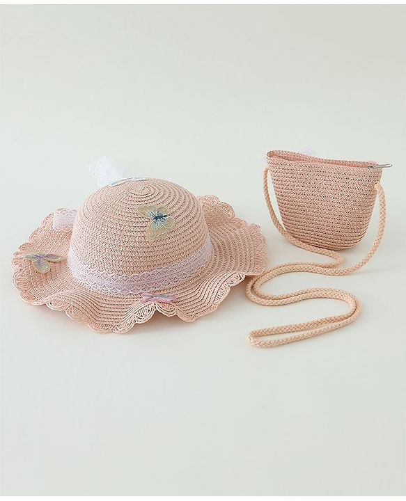 Babyhug Butterfly Applique Straw Hat With  Bow & Purse  Pink - Diameter 17.5 cm