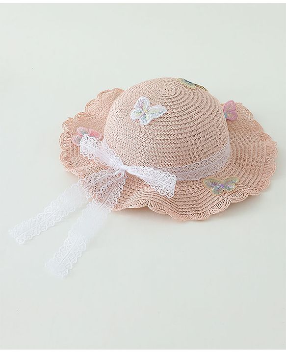 Babyhug Butterfly Applique Straw Hat With  Bow & Purse  Pink - Diameter 17.5 cm