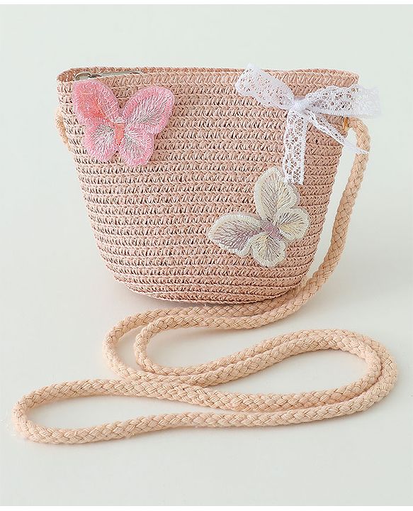 Babyhug Butterfly Applique Straw Hat With  Bow & Purse  Pink - Diameter 17.5 cm