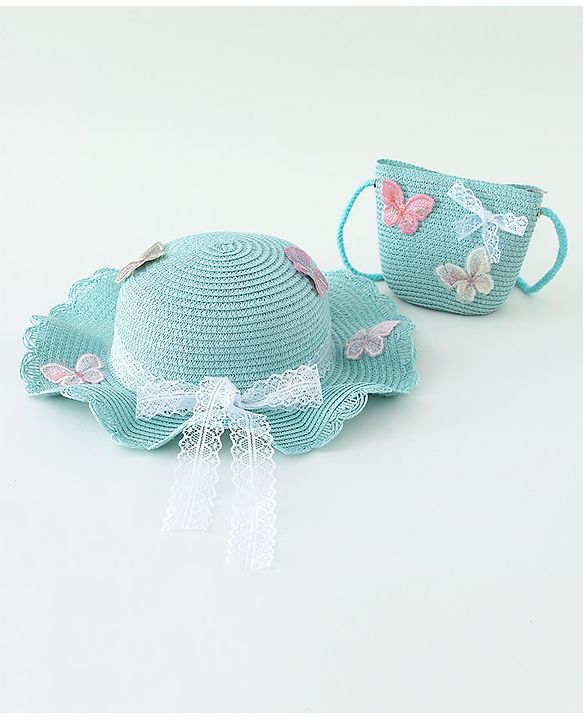 Babyhug Butterfly Applique Straw Hat With  Bow & Purse  Blue - Diameter 17.5 cm