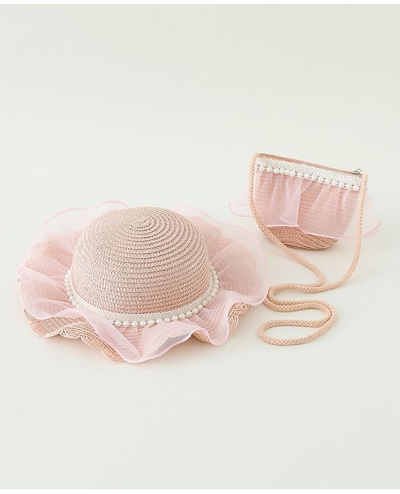 Babyhug Pearl Applique Straw Hat With Purse  Pink - Diameter 17.5 cm