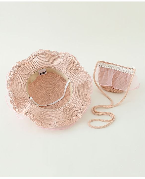 Babyhug Pearl Applique Straw Hat With Purse  Pink - Diameter 17.5 cm