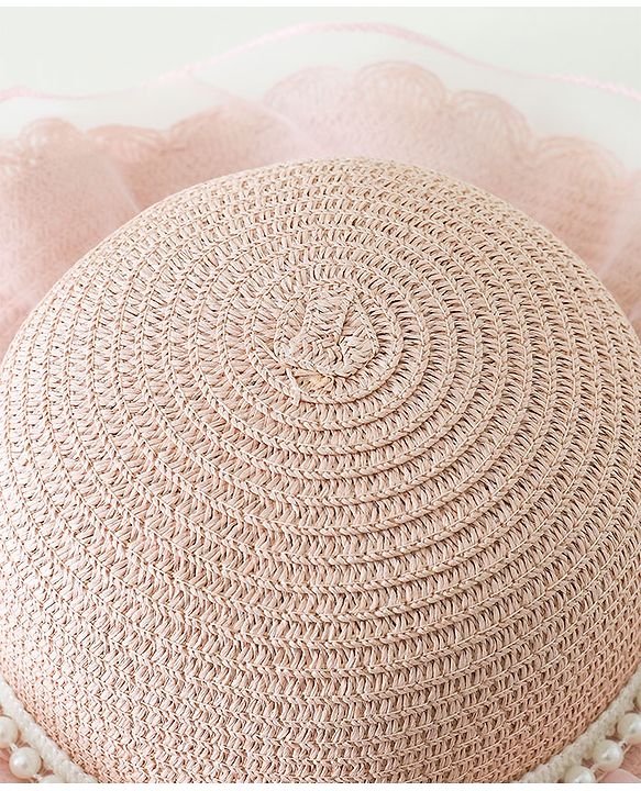 Babyhug Pearl Applique Straw Hat With Purse  Pink - Diameter 17.5 cm