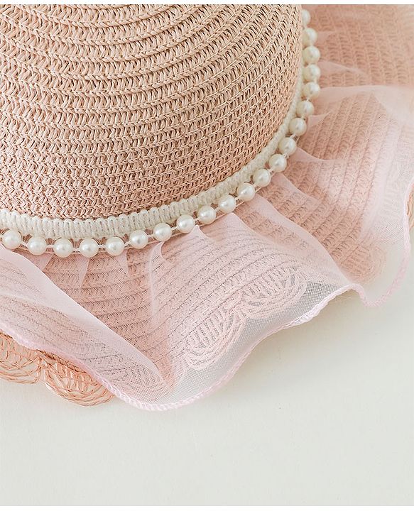 Babyhug Pearl Applique Straw Hat With Purse  Pink - Diameter 17.5 cm