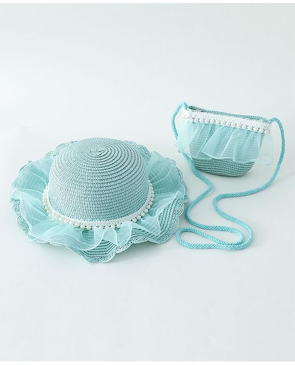 Babyhug Pearl Applique Straw Hat With Purse  Pink - Diameter 17.5 cm