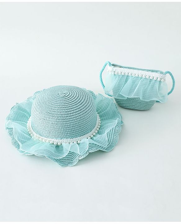 Babyhug Pearl Applique Straw Hat With Purse  Pink - Diameter 17.5 cm