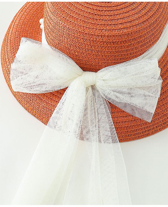 Babyhug Straw Hats With Bow Applique -Orange