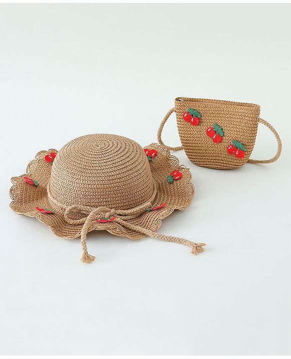 Babyhug Crochet Cherry Applique Straw Hat With String Bow & Purse  Brown - Diameter 17.5 cm