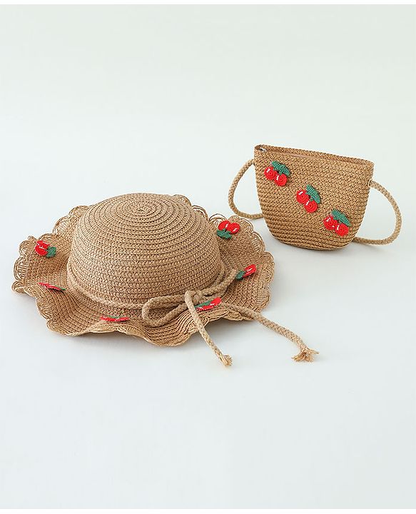 Babyhug Crochet Cherry Applique Straw Hat With String Bow & Purse  Brown - Diameter 17.5 cm