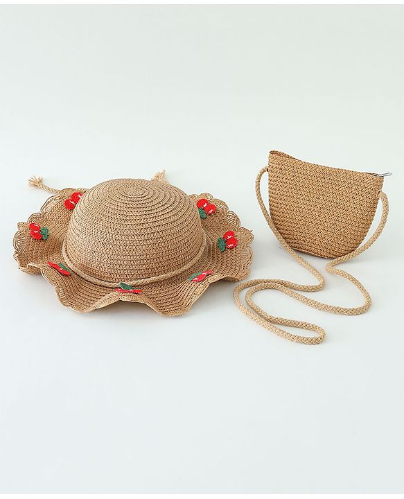 Babyhug Crochet Cherry Applique Straw Hat With String Bow & Purse  Brown - Diameter 17.5 cm