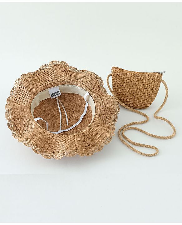 Babyhug Crochet Cherry Applique Straw Hat With String Bow & Purse  Brown - Diameter 17.5 cm