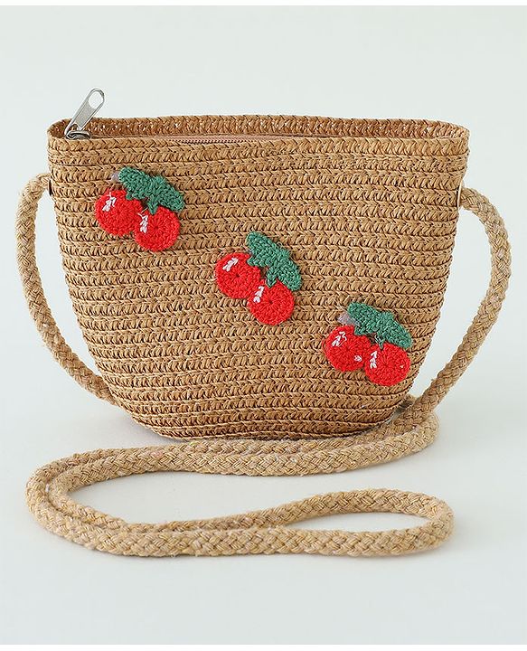 Babyhug Crochet Cherry Applique Straw Hat With String Bow & Purse  Brown - Diameter 17.5 cm