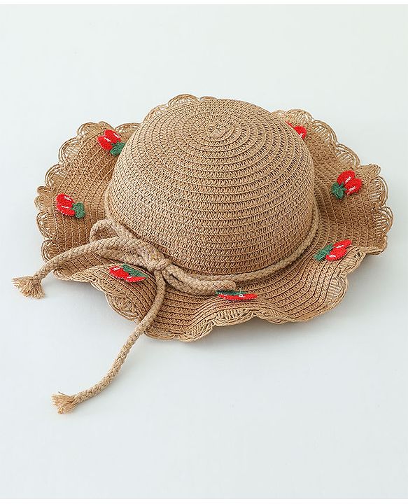 Babyhug Crochet Cherry Applique Straw Hat With String Bow & Purse  Brown - Diameter 17.5 cm