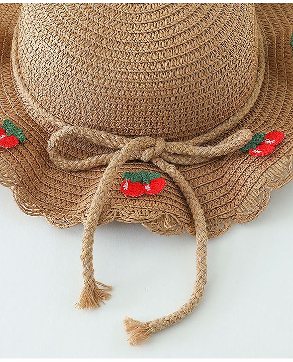 Babyhug Crochet Cherry Applique Straw Hat With String Bow & Purse  Brown - Diameter 17.5 cm