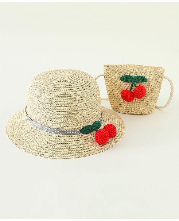Babyhug Straw Hat With Crochet  Fruit Applique & Purse  Beige - Diameter 17.5 cm