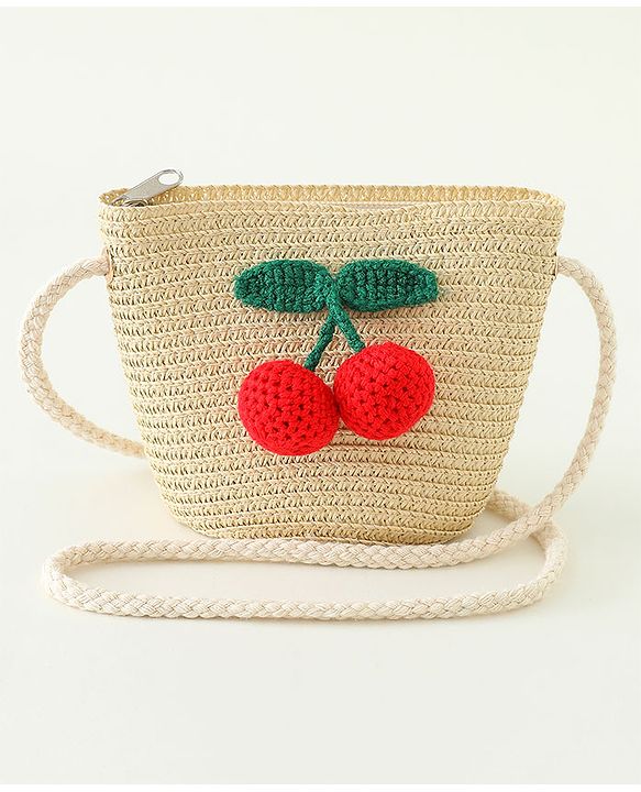 Babyhug Straw Hat With Crochet  Fruit Applique & Purse  Beige - Diameter 17.5 cm