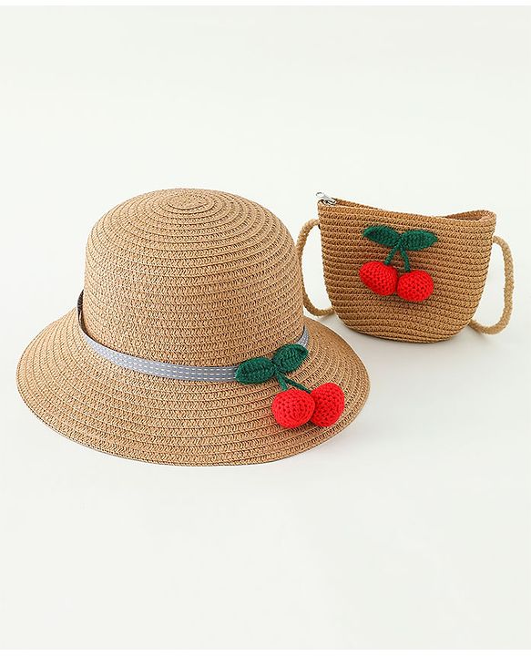 Babyhug Straw Hat With Crochet  Fruit Applique & Purse Brown - Diameter 17.5 cm