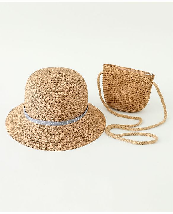 Babyhug Straw Hat With Crochet  Fruit Applique & Purse Brown - Diameter 17.5 cm