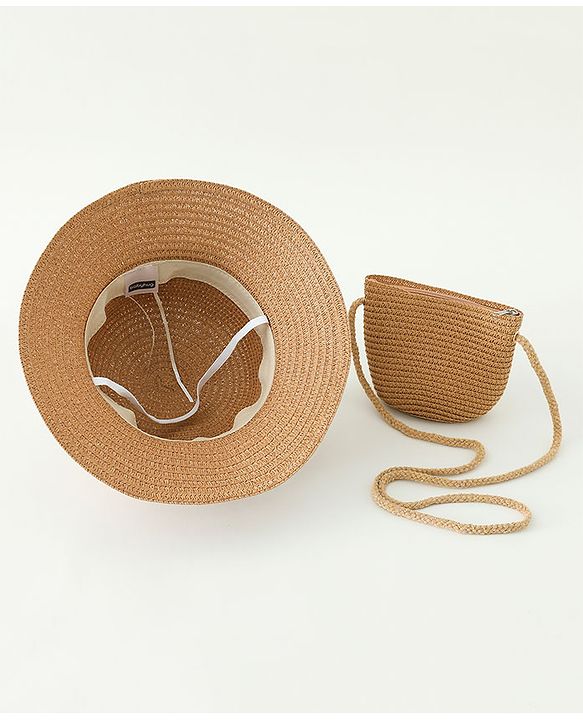 Babyhug Straw Hat With Crochet  Fruit Applique & Purse Brown - Diameter 17.5 cm