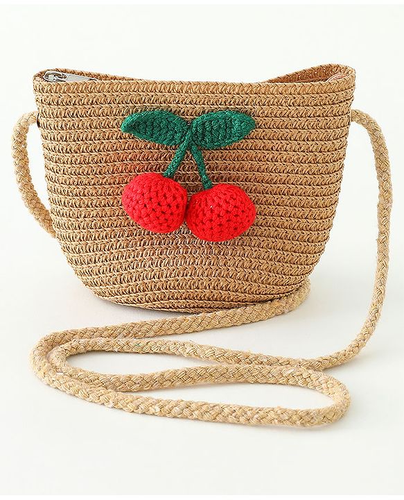 Babyhug Straw Hat With Crochet  Fruit Applique & Purse Brown - Diameter 17.5 cm