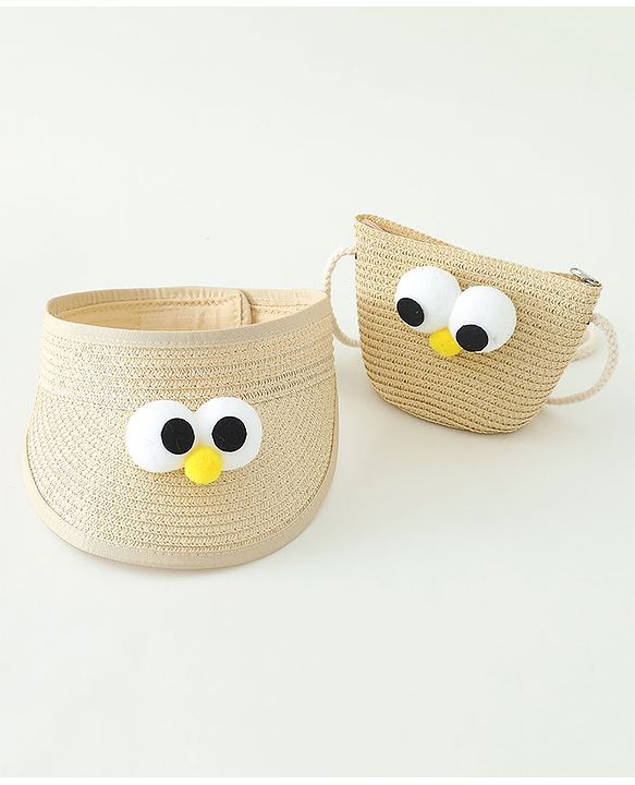 Babyhug Straw Hat With Face Applique & Purse Beige- Diameter 48 cm