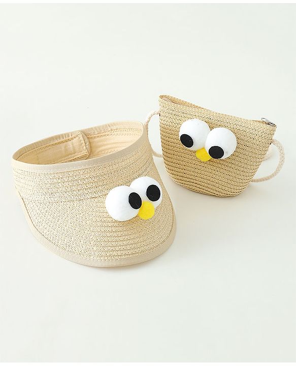 Babyhug Straw Hat With Face Applique & Purse Beige- Diameter 48 cm