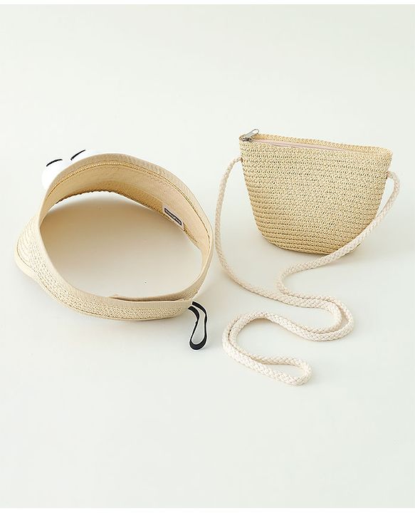 Babyhug Straw Hat With Face Applique & Purse Beige- Diameter 48 cm