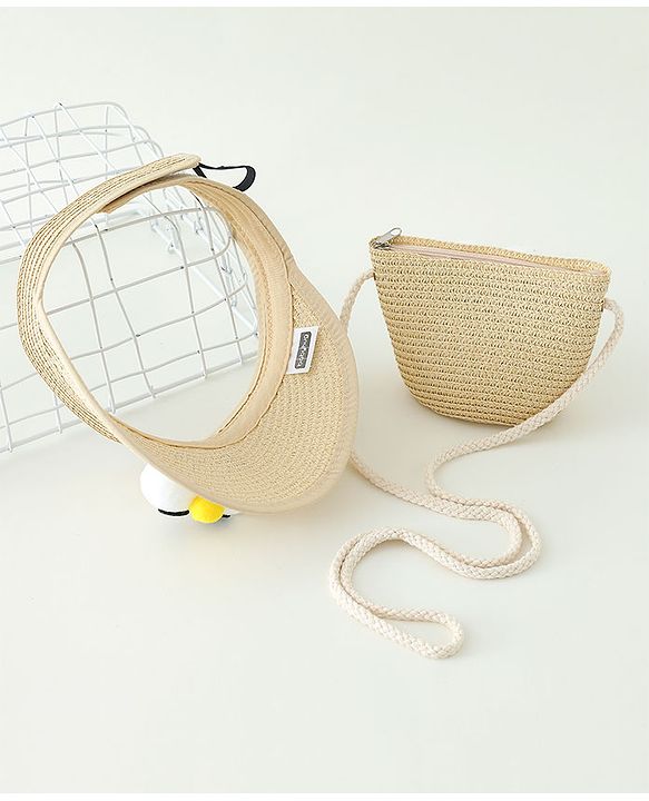 Babyhug Straw Hat With Face Applique & Purse Beige- Diameter 48 cm