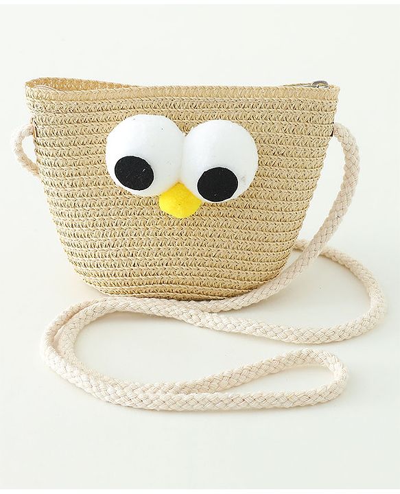 Babyhug Straw Hat With Face Applique & Purse Beige- Diameter 48 cm