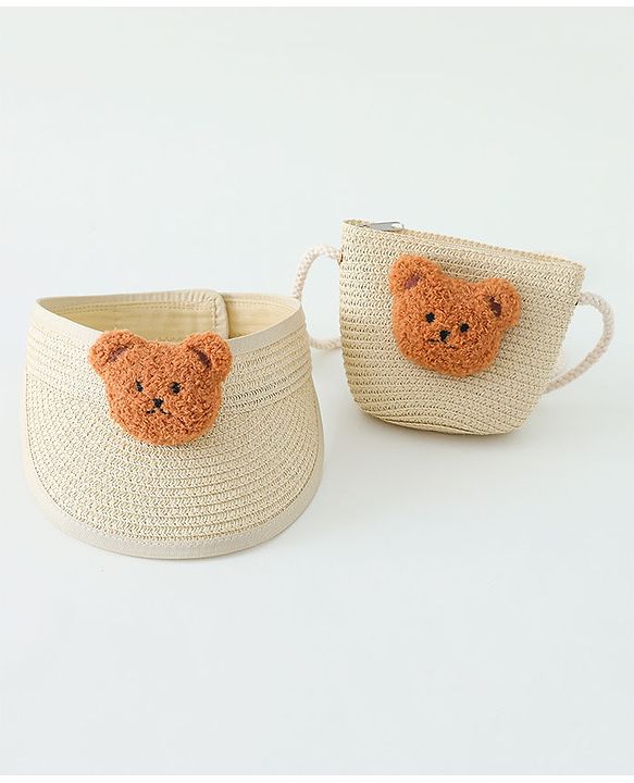Babyhug Straw Hat With Bear Applique & Purse Beige - Diameter 48 cm