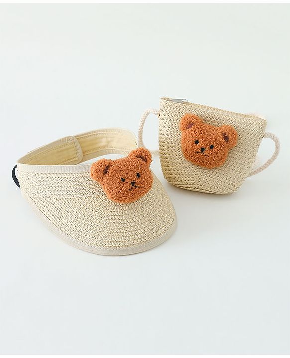 Babyhug Straw Hat With Bear Applique & Purse Beige - Diameter 48 cm