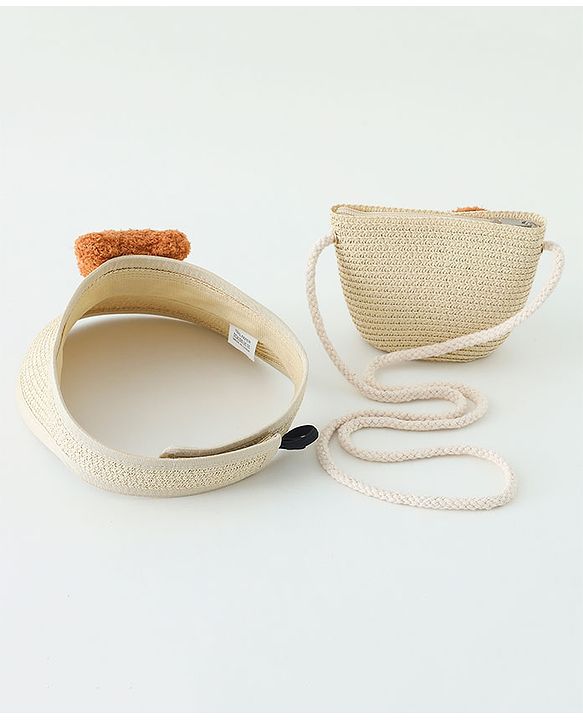 Babyhug Straw Hat With Bear Applique & Purse Beige - Diameter 48 cm