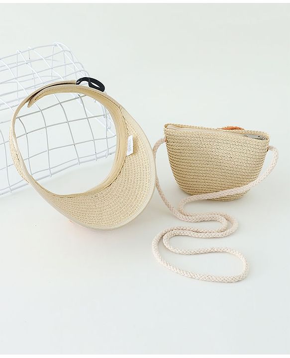 Babyhug Straw Hat With Bear Applique & Purse Beige - Diameter 48 cm