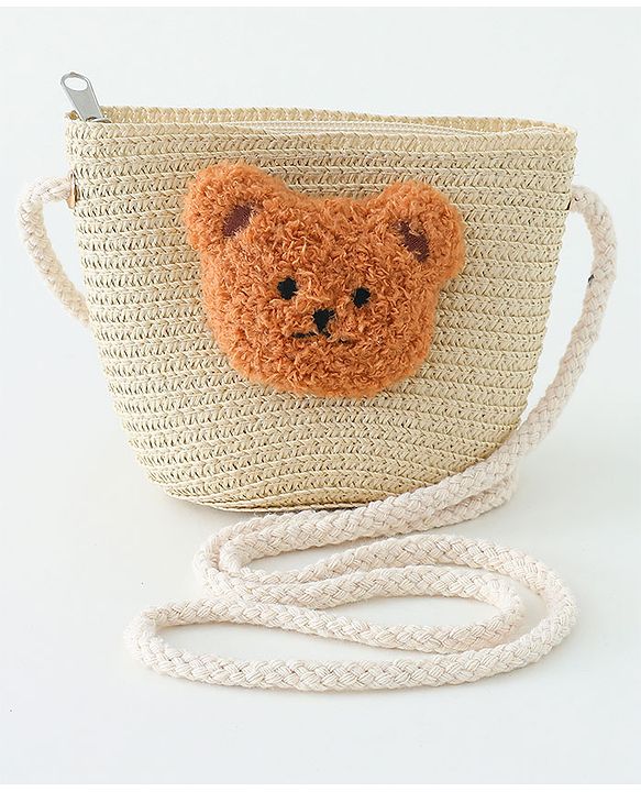 Babyhug Straw Hat With Bear Applique & Purse Beige - Diameter 48 cm