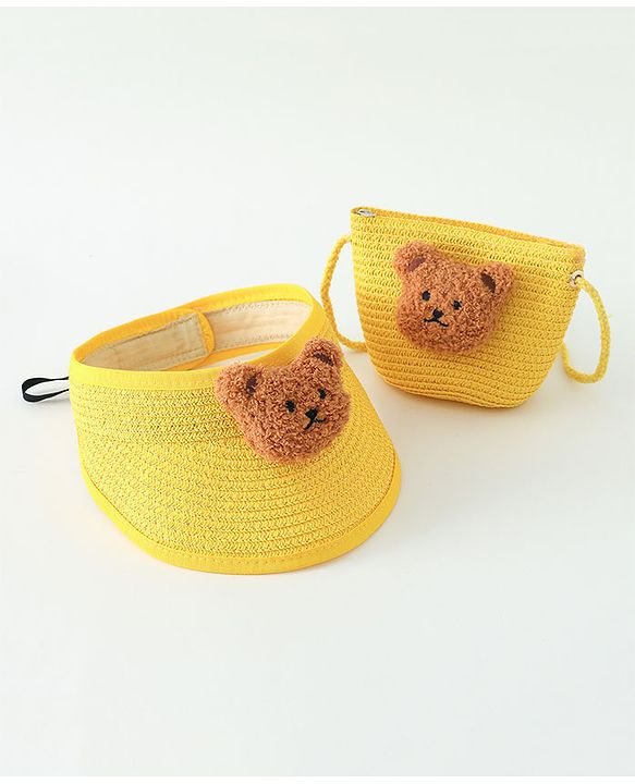 Babyhug Straw Hat With Bear Applique & Purse  Yellow - Diameter 48 cm
